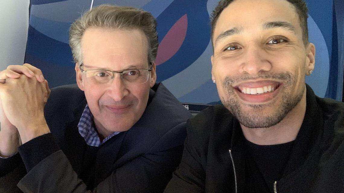 Seattle Kraken play-by-play television announcer John Forslund, left, and analyst J.T. Brown, the son of former NC State football star Ted Brown, relax before a game this season.