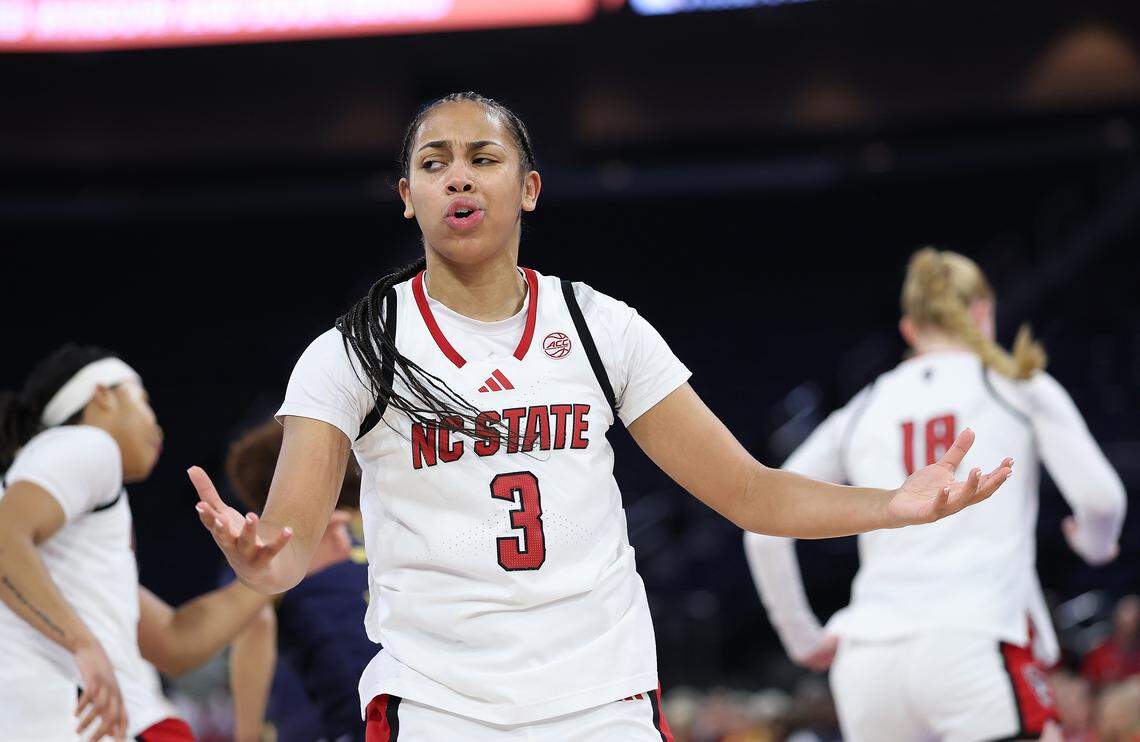 Zamareya Jones of the NC State Wolfpack reacts against the Notre Dame Fighting Irish during the first quarter of the teams’ ACC Women’s Tournament quarterfinal at Gas South Arena on March 6, 2026 in Duluth, Georgia.