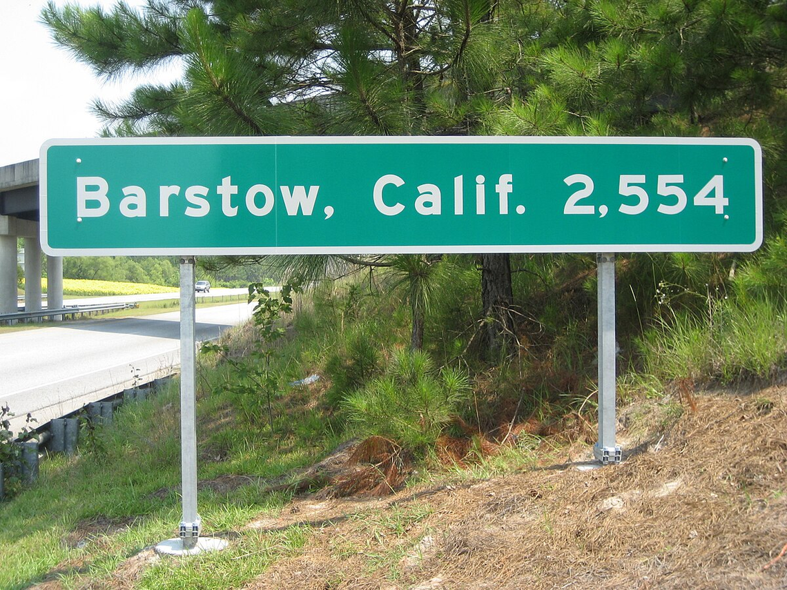 A North Carolina DOT sign on I-40 outside of Wilmington, NC points the way to Barstow, California.