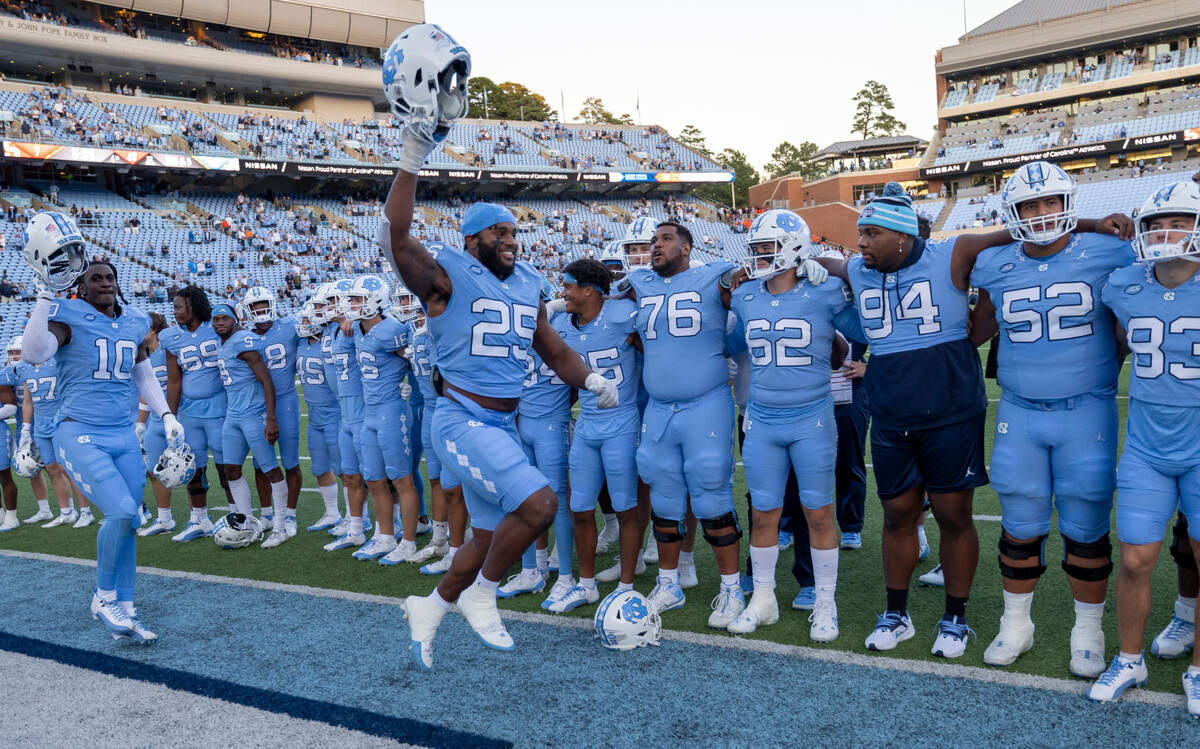 North Carolina’s Kaimon Rucker (25) celebrates the Tar Heels’ 40-7 victory over Syracuse on Saturday, October 7, 2023 at Kenan Stadium in Chapel Hill, N.C.
