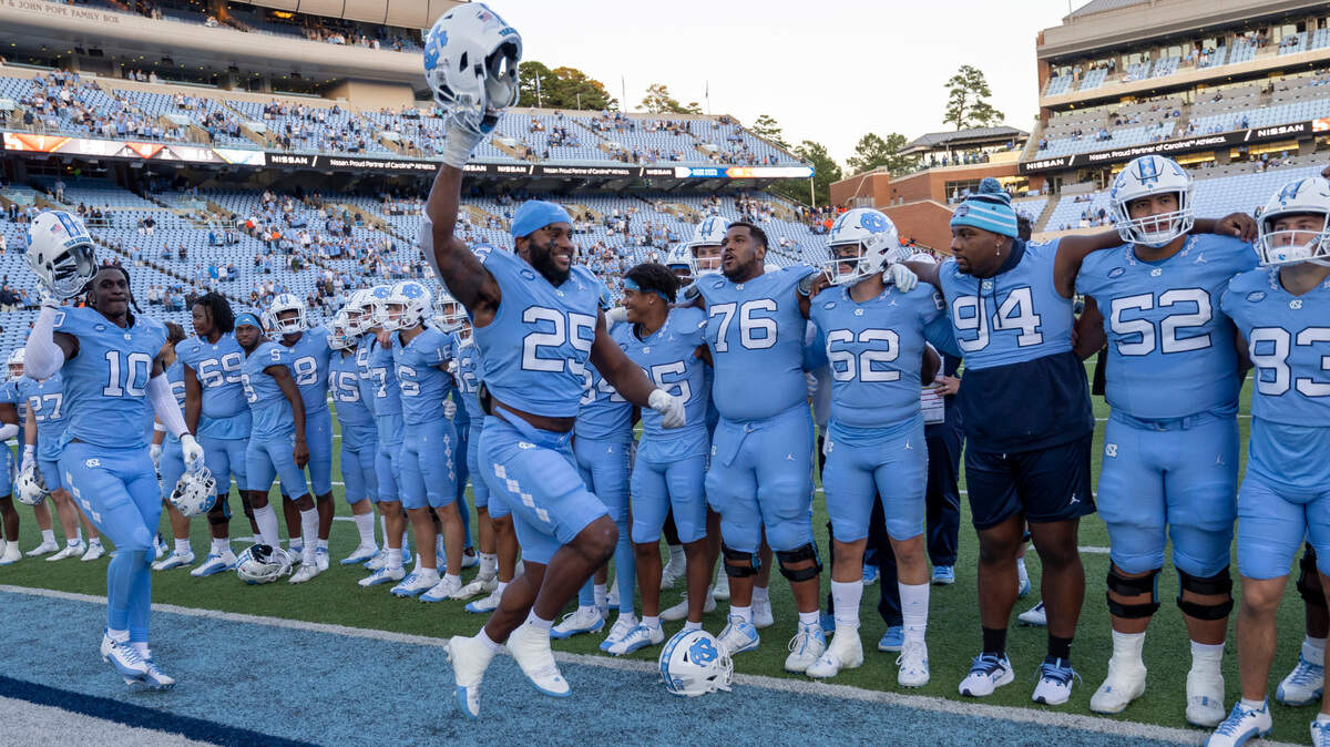North Carolina’s Kaimon Rucker (25) celebrates the Tar Heels’ 40-7 victory over Syracuse on Saturday, October 7, 2023 at Kenan Stadium in Chapel Hill, N.C.