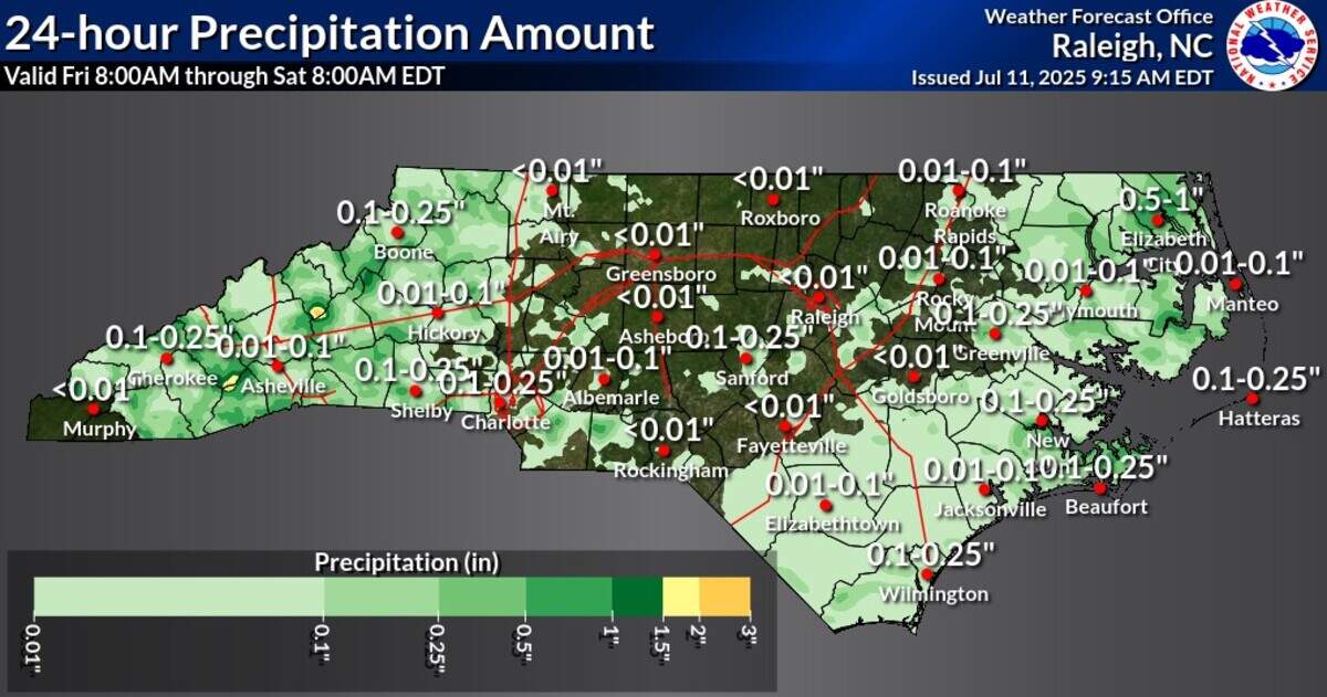A 20% chance of scattered storms and showers is expected for the Triangle on Friday, July 11. Locally heavy downpours could cause flash flooding.