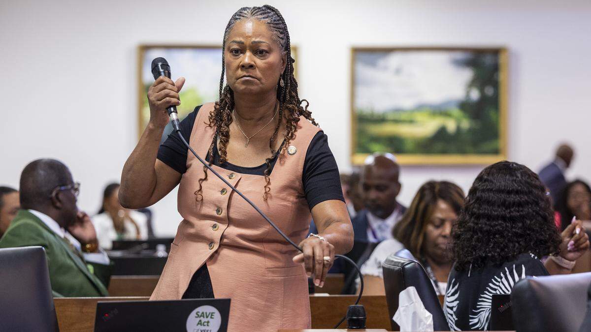 Rep. Carla D. Cunningham, a Democrat from Mecklenburg County, speaks in favor of a veto override vote on an immigration enforcement bill, breaking ranks with fellow Democrats during a series of veto override votes Tuesday, July 29, 2025, at the General Assembly.