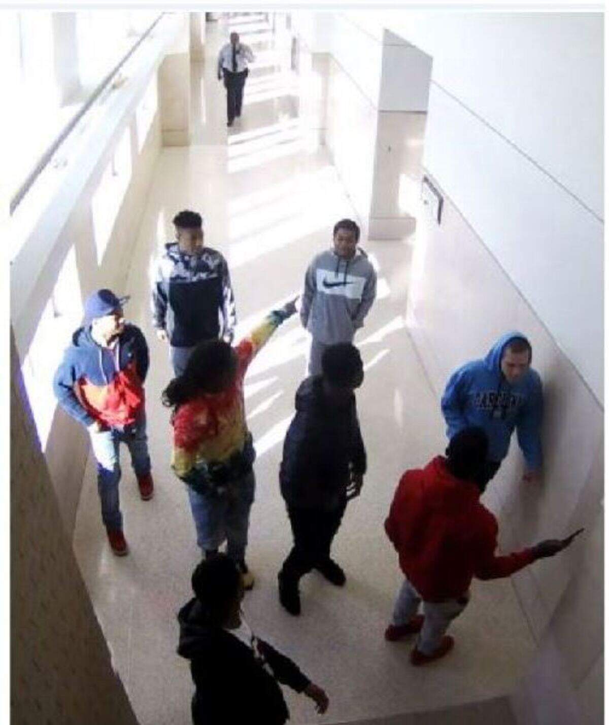 Screen shot from the Durham County courthouse on Dec. 3, 2019, when multiple members from rival gangs exchanged words outside a courtroom and three shootings followed, according to court documents.