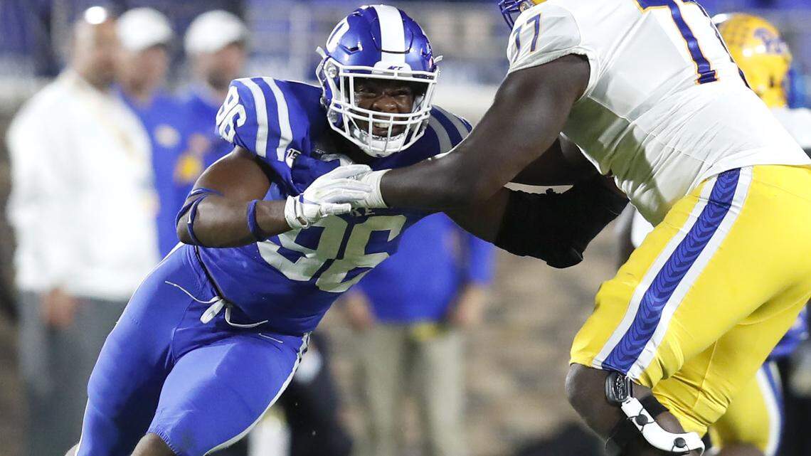 Duke defensive end Chris Rumph II (96) works his away around Pittsburgh offensive lineman Carter Warren (77) during the first half of Duke’s game against Pittsburgh at Wallace Wade Stadium in Durham, N.C., Saturday, Oct. 5, 2019.