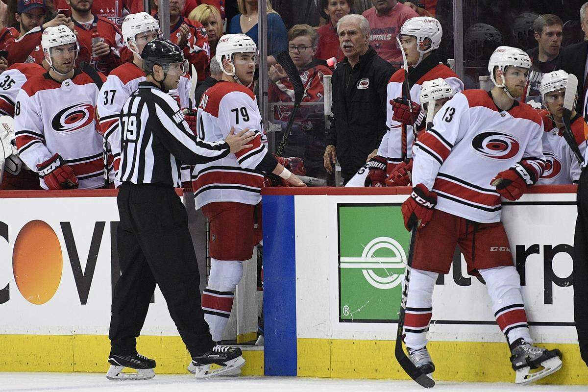 Carolina Hurricanes left wing Micheal Ferland (79) is shown to the bench by linesman Kiel Murchison (79) after he received a match penalty for a hit to the head of Washington Capitals’ Nic Dowd, not seen, during the second period of Game 2 of an NHL hockey first-round playoff series, Saturday, April 13, 2019, in Washington. The Capitals won 4-3 in overtime.