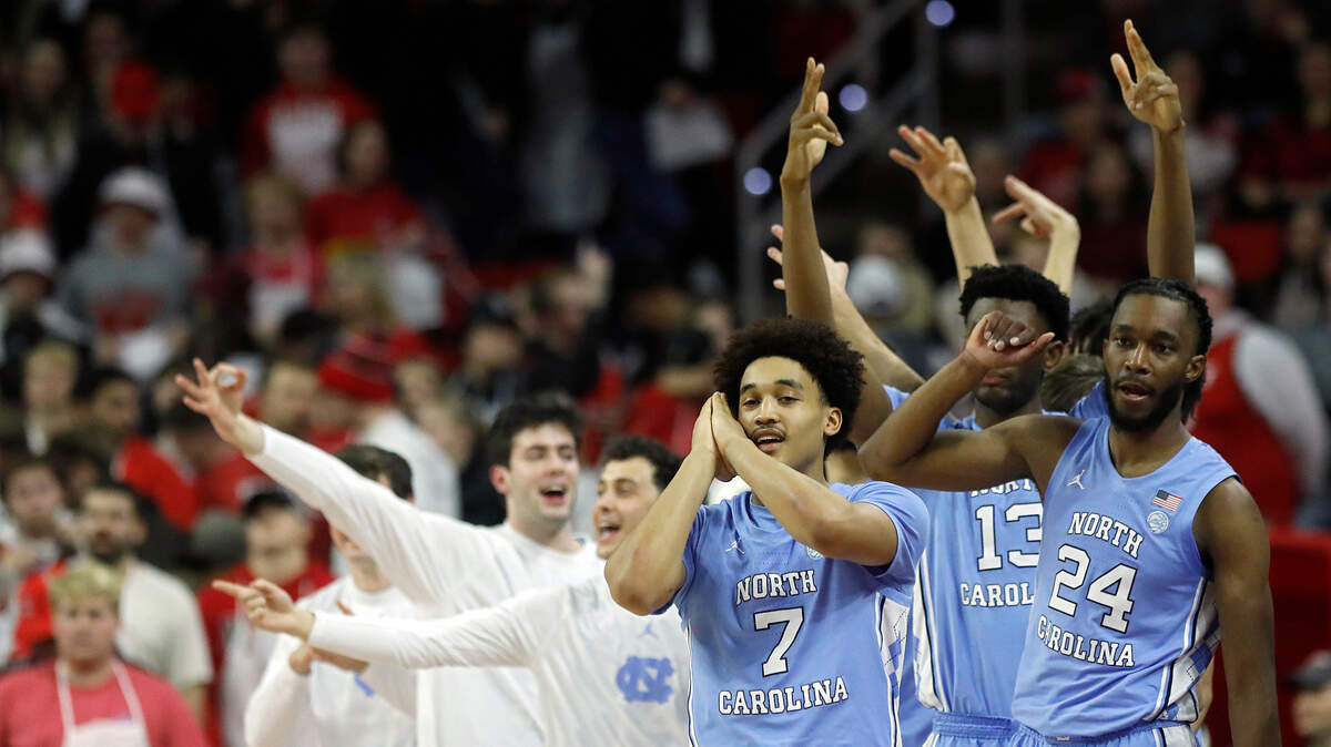 The North Carolina bench reacts late in the second half of the Tar Heels’ 67-54 win against N.C. State at PNC Arena on Wednesday, Jan. 10, 2024, in Raleigh, N.C.