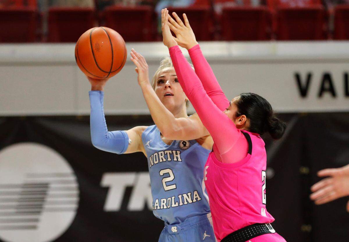 North Carolina’s Petra Holesinska (2) shoots as N.C. State’s Raina Perez (2) defends during the first half of N.C. State’s game against UNC in the annual Play4Kay game at Reynolds Coliseum in Raleigh, N.C., Sunday, February 21, 2021.