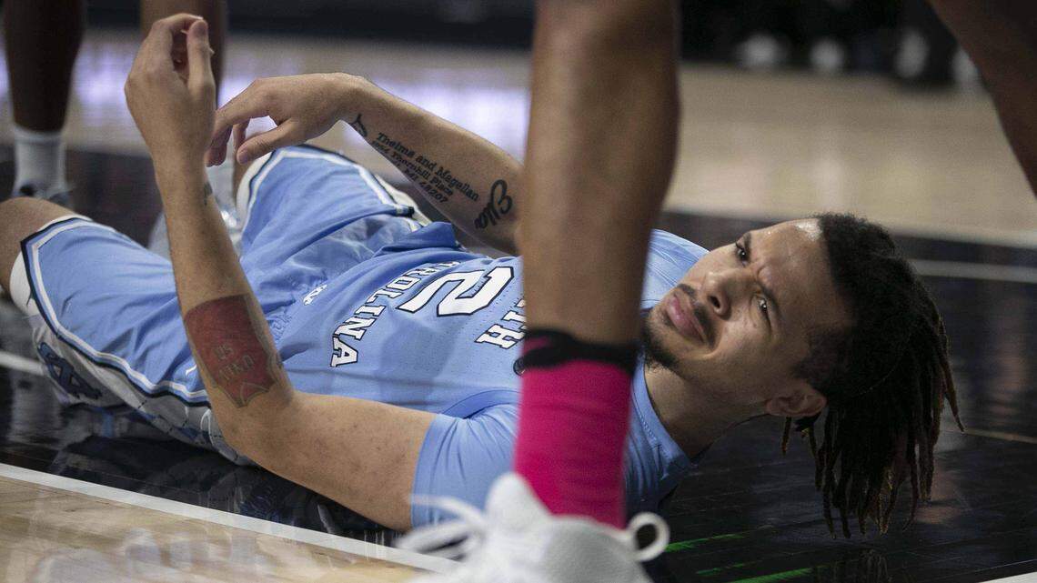 North Carolina’s Cole Anthony (2) stares at an official after taking a hard fall with no foul called in the first half against Wake Forest on Tuesday, February 11, 2020 at Lawrence Joel Coliseum in Winston-Salem, N.C.