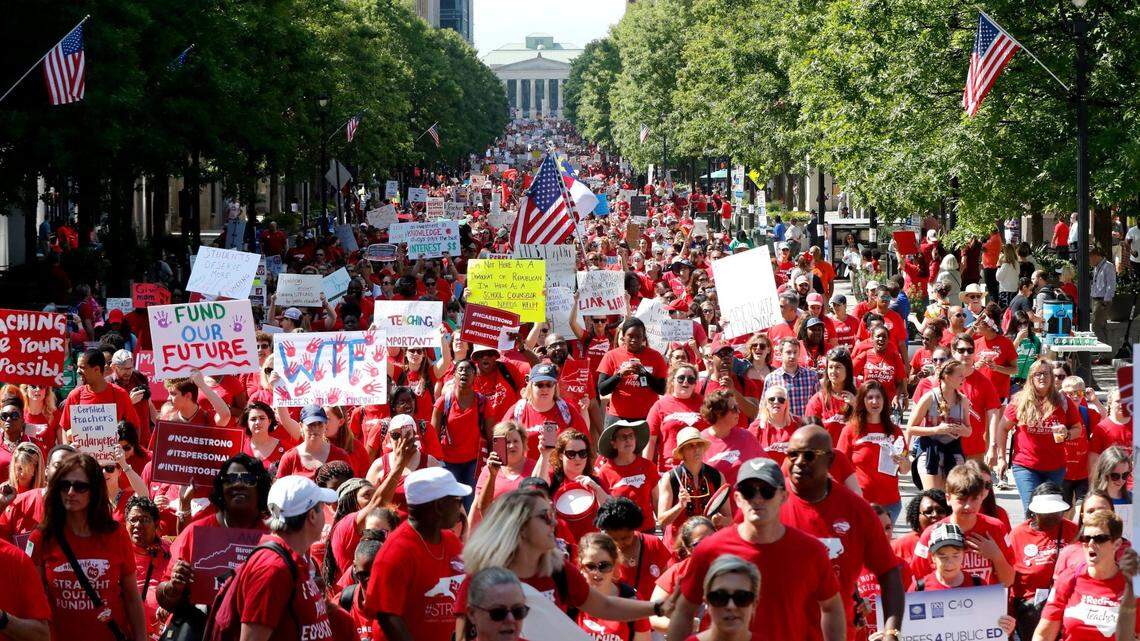 Thousands of N.C. teachers, other school employees and their supporters marched through downtown Raleigh in May 2019 during a “Day of Action” organized by the N.C. Association of Educators.
