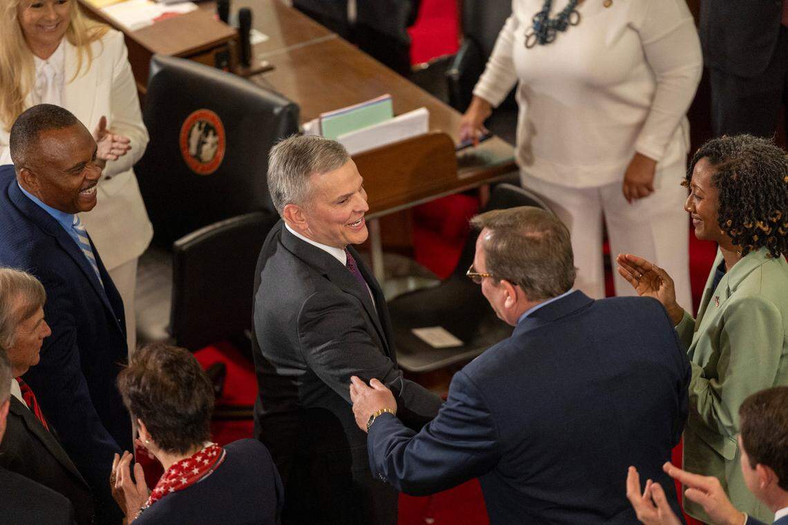Gov. Josh Stein leaves the House chamber after delivering his State of the State address to a joint session of the General Assembly on Wednesday, March 12, 2025, in the House chamber of the Legislative Building.