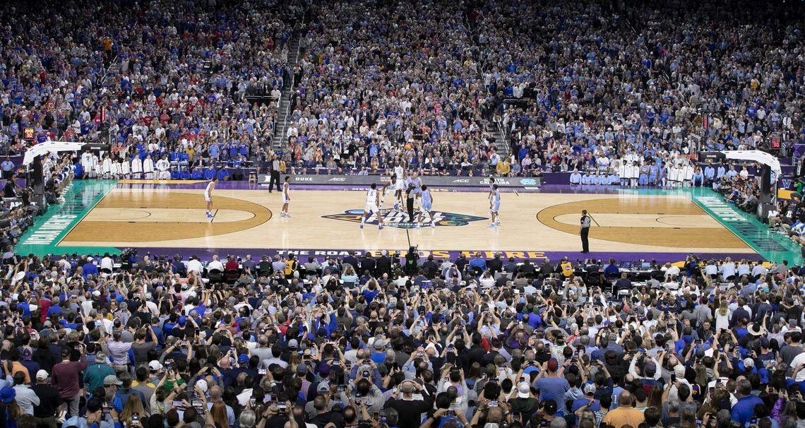 Duke and North Carolina tipoff at the start of their game in the Final Four at Caesars Superdome in New Orleans, La., Saturday, April 2, 2022.