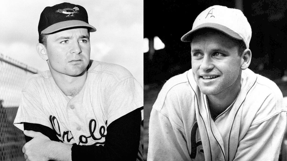 From left, Baltimore Orioles minor league pitcher Steve Dalkowski pictured in a 1959 file photo and Lawrence “Crash” Davis pictured in a 1941 photo in a Philadelphia Athletics uniform. Dalkowski, a hard-throwing, wild left-hander, inspired the creation of the character Nuke LaLoosh in the movie “Bull Durham.”