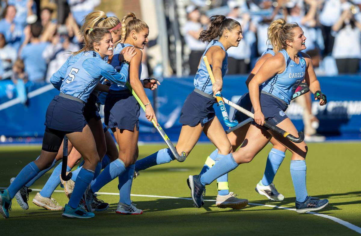 North Carolina’s Charly Bruner (2) and her teammates react after scoring to take a 1-0 lead over Northwestern during the NCAA Division I Field Hockey Championship game on Sunday, November 19, 20223 at Karen Shelton Stadium in Chapel Hill, N.C.