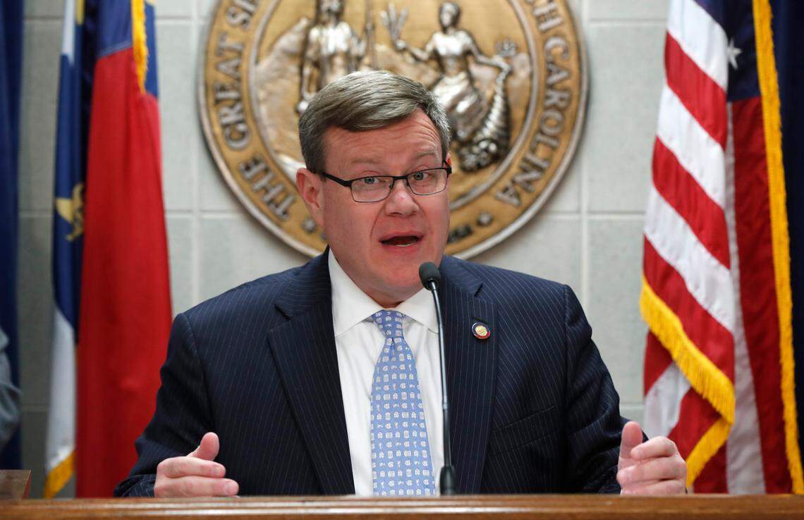 House Speaker Tim Moore talks about a proposed state House budget during a press conference in Raleigh, N.C., Tuesday, April 30, 2019.
