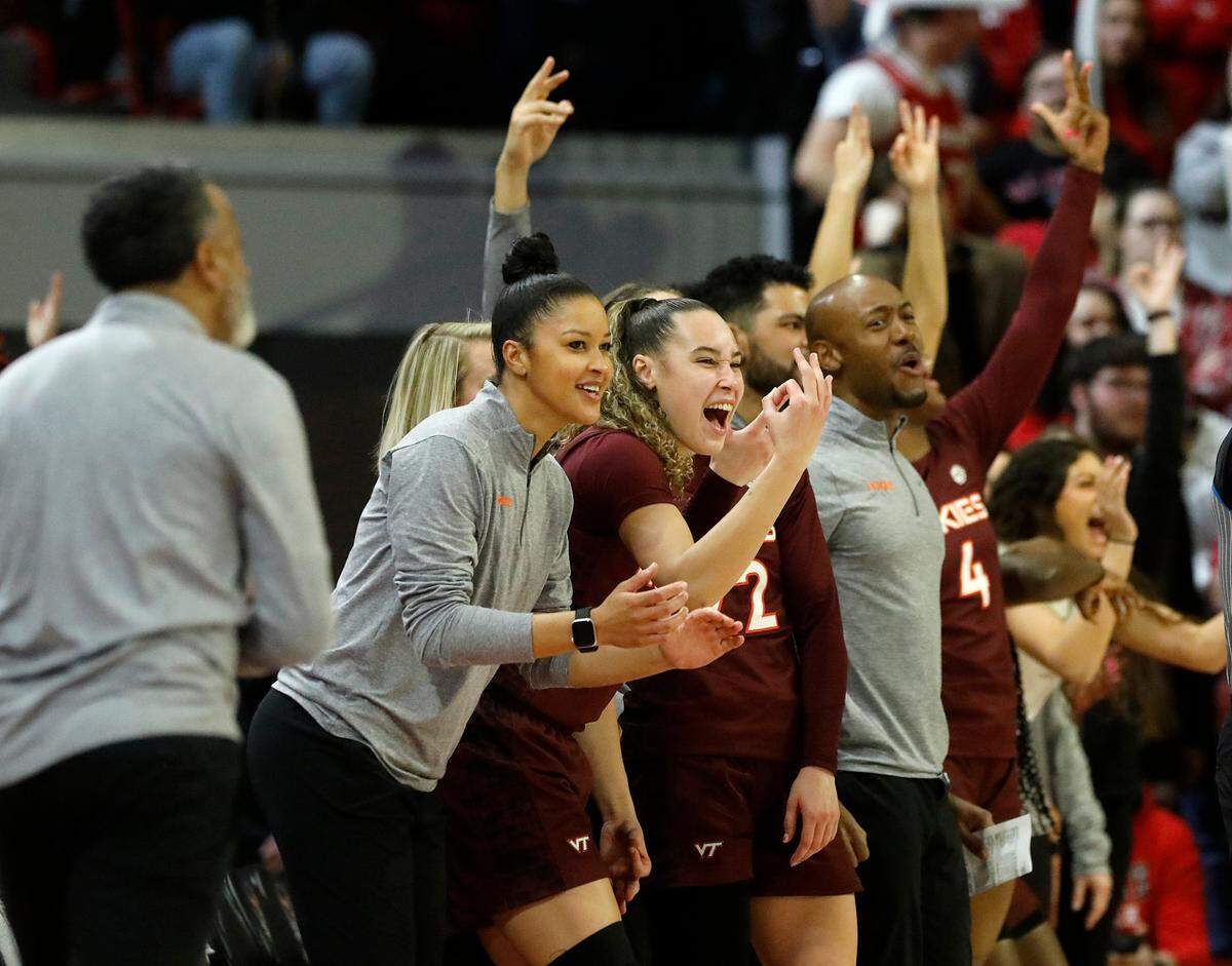 The Virginia Tech bench reacts during the second half of the Hokies’ 72-61 win over N.C. State on Thursday, Feb. 8, 2024, at Reynolds Coliseum in Raleigh, N.C.