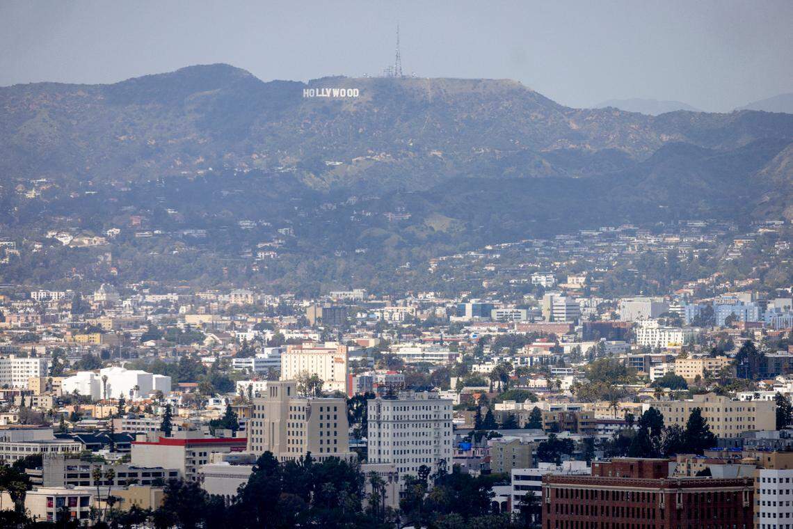 The historic Hollywood Sign, on Mt. Lee over looking Hollywood, California, photographed from downtown Los Angeles on Tuesday, March 26, 2024