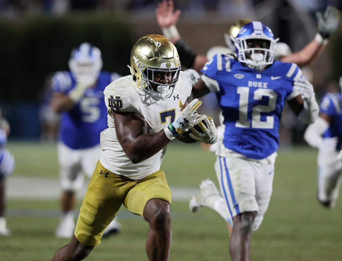 Notre Dame’s Audric Estime runs the ball into the end zone to give the Fighting Irish the lead late in the fourth quarter of their 21-14 win over the Duke Blue Devils at Wallace Wade Stadium on Saturday, Sept. 30, 2023, in Durham, N.C.