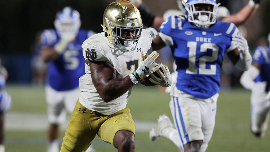 Notre Dame’s Audric Estime runs the ball into the end zone to give the Fighting Irish the lead late in the fourth quarter of their 21-14 win over the Duke Blue Devils at Wallace Wade Stadium on Saturday, Sept. 30, 2023, in Durham, N.C. 