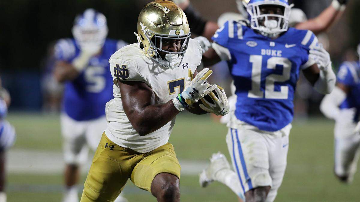 Notre Dame’s Audric Estime runs the ball into the end zone to give the Fighting Irish the lead late in the fourth quarter of their 21-14 win over the Duke Blue Devils at Wallace Wade Stadium on Saturday, Sept. 30, 2023, in Durham, N.C. 