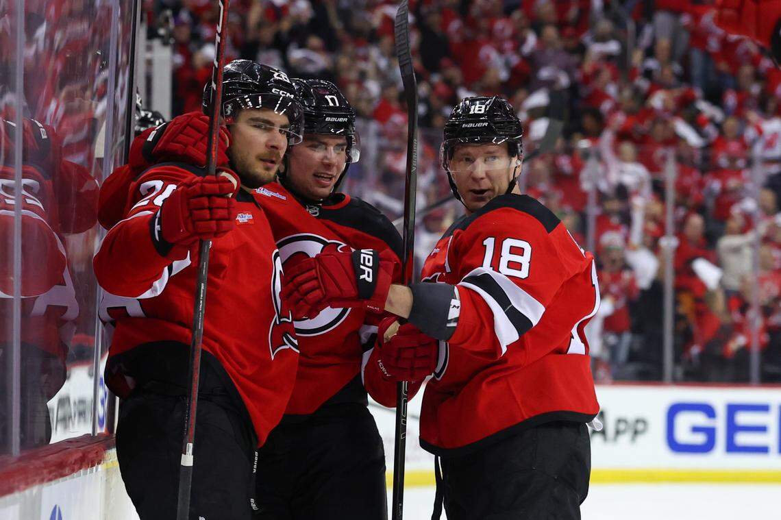 New Jersey Devils right wing Timo Meier (28) celebrates his goal against the Carolina Hurricanes during the second period in game four of the first round of the 2025 Stanley Cup Playoffs at Prudential Center.