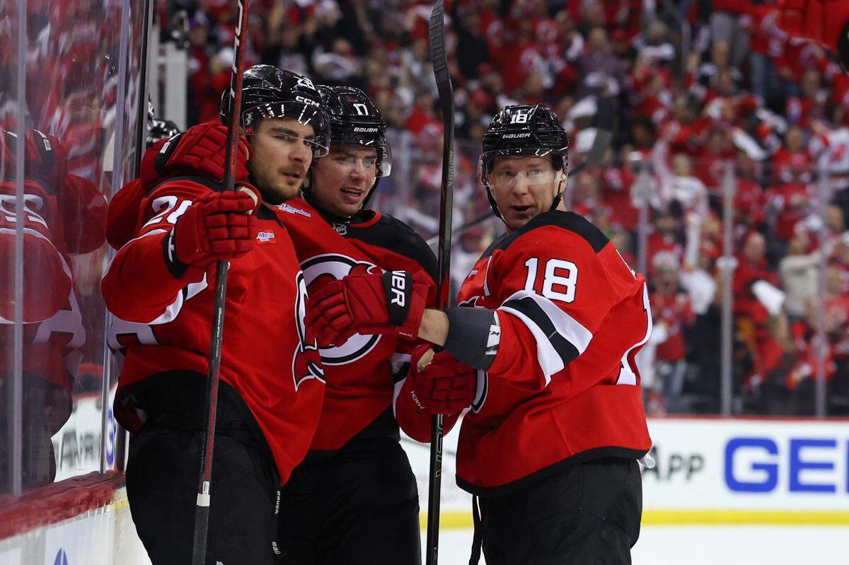 Apr 27, 2025; Newark, New Jersey, USA; New Jersey Devils right wing Timo Meier (28) celebrates his goal against the Carolina Hurricanes during the second period in game four of the first round of the 2025 Stanley Cup Playoffs at Prudential Center. Mandatory Credit: Ed Mulholland-Imagn Images