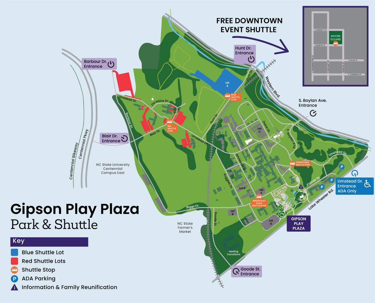 A map of the parking lots and shuttle stops for the opening weekend of Gipson Play Plaza.