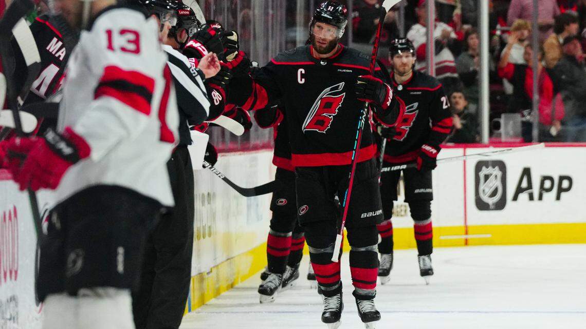 Jan 25, 2024; Raleigh, North Carolina, USA; Carolina Hurricanes center Jordan Staal (11) celebrates his goal against the New Jersey Devils during the second period at PNC Arena. Mandatory Credit: James Guillory-USA TODAY Sports