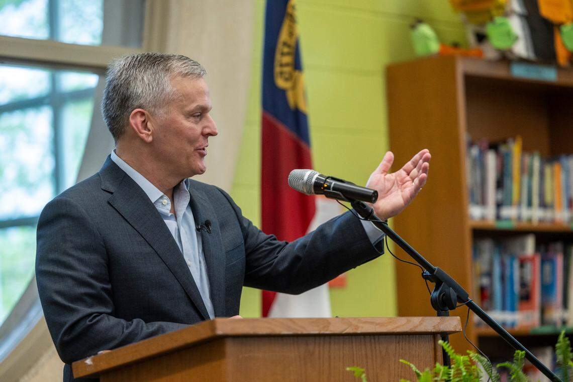 Gov. Josh Stein announces the creation of a new school safety and wellness advisory council at Moore Square Magnet Middle School on Monday, April 7, 2025.