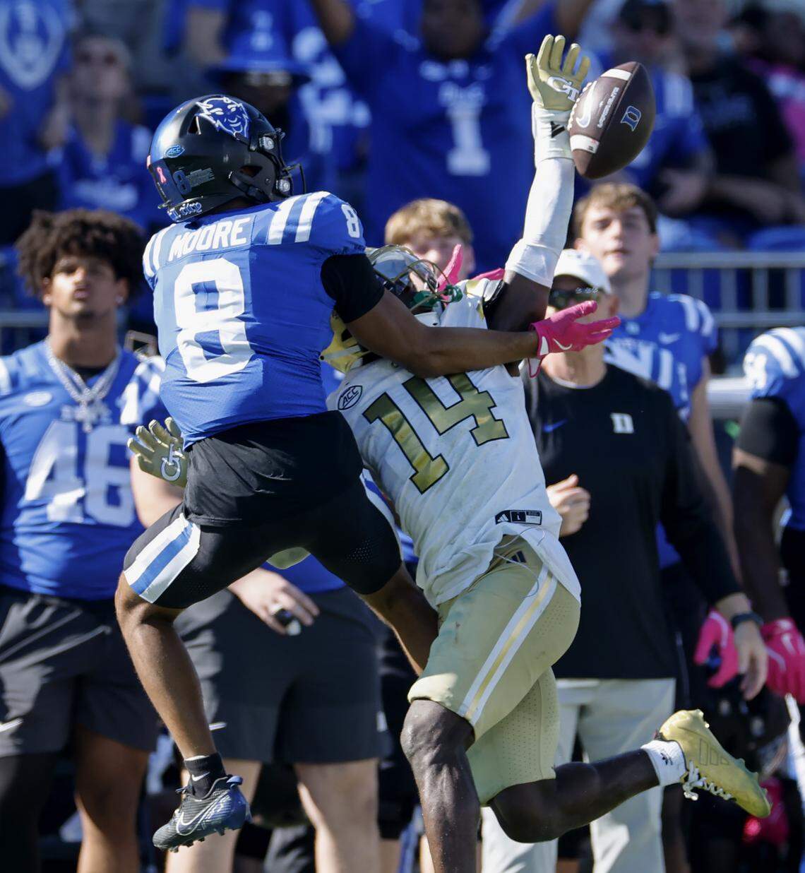 Georgia Tech defensive back Jy Gilmore (14) breaks up as pass intended for Duke wide receiver Jayden Moore (8) during the second half of Georgia Tech’s 27-18 victory over Duke at Wallace Wade Stadium in Durham, N.C., Saturday, Oct. 18, 2025.