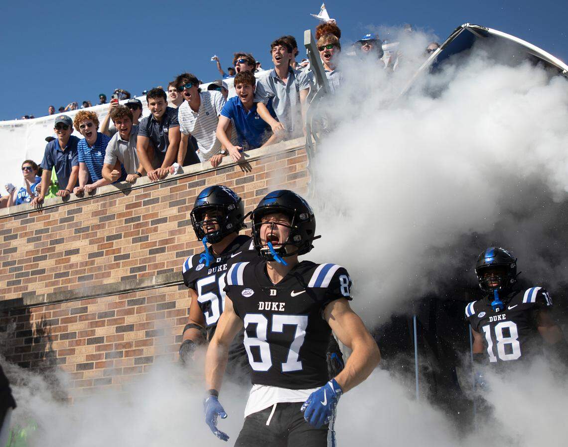 Duke’s Beau Lilly III (87) yells as he takes the field prior to the Blue Devils’ 21-20 win over North Carolina on Saturday, Sept. 28, 2024, at Wallace Wade Stadium in Durham, N.C.