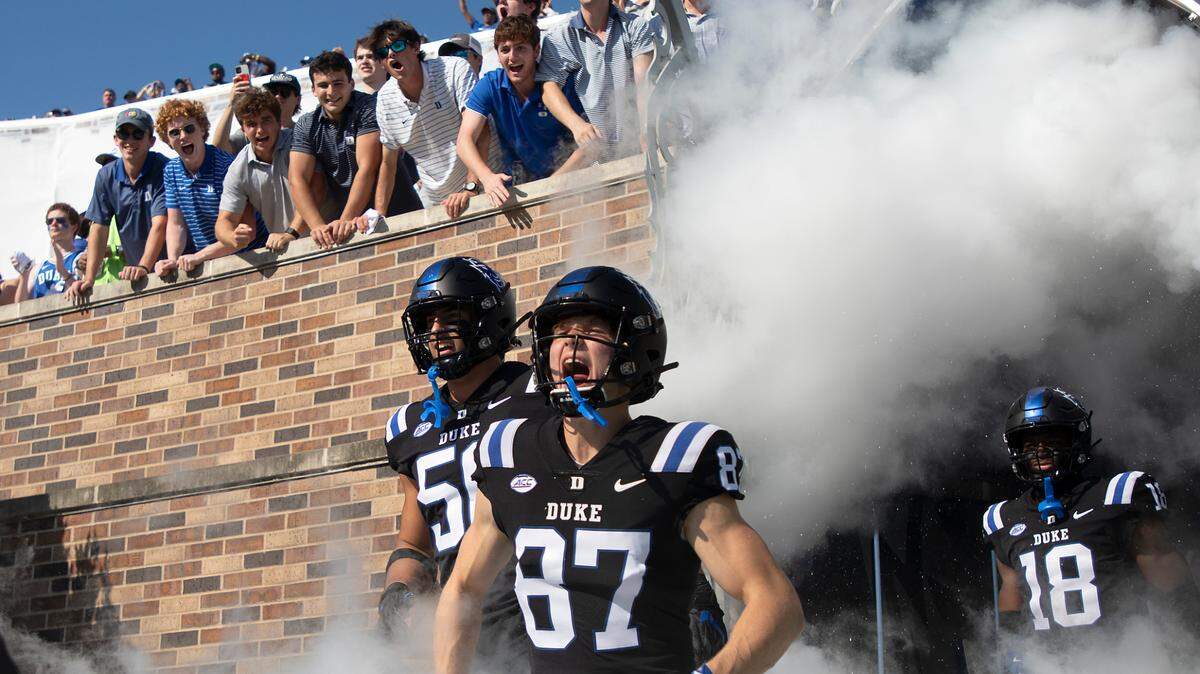 Duke’s Beau Lilly III (87) yells as he takes the field prior to the Blue Devils’ 21-20 win over North Carolina on Saturday, Sept. 28, 2024, at Wallace Wade Stadium in Durham, N.C.