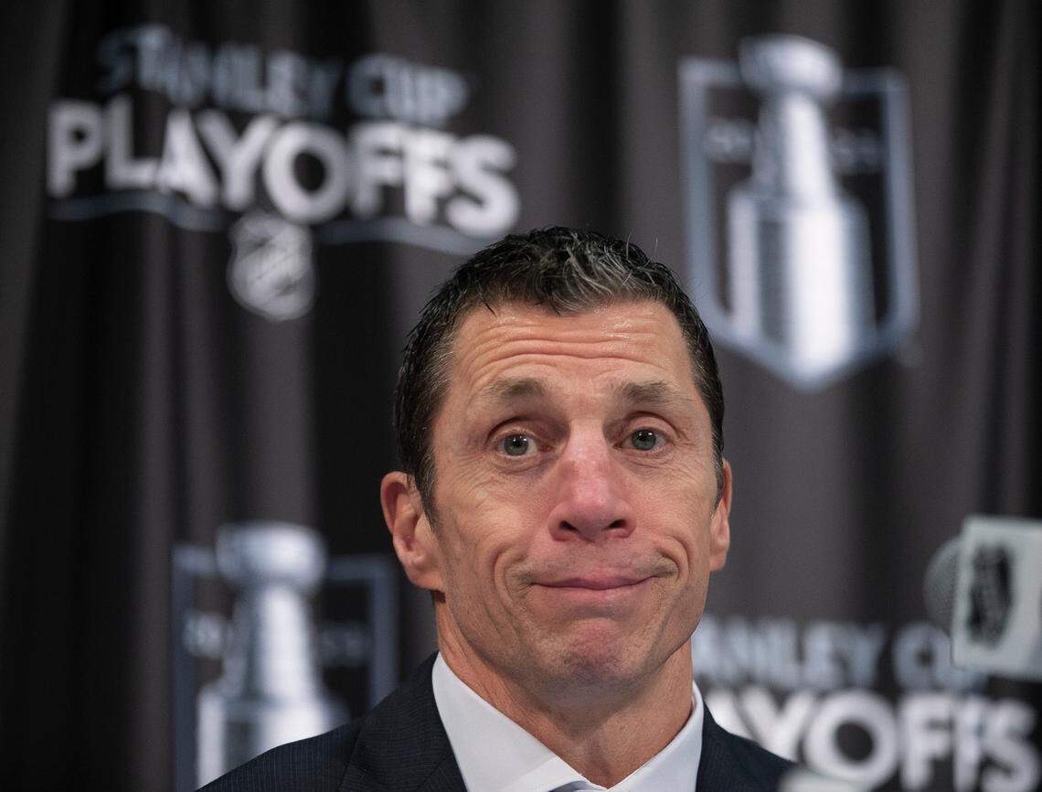 Carolina Hurricanes coach Rod Brind’Amour fields questions during his post-game press conference following the Hurricanes’ 3-2 overtime victory against the New Jersey Devils on Thursday, May 11, 2023 at PNC Arena in Raleigh, N.C.
