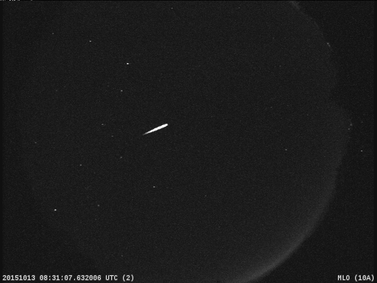 An Orionid meteor recorded by the NASA All Sky Fireball Network station on top of Mt. Lemmon, Ariz., in October 2015. This year’s Orionid display will peak this weekend, and viewing conditions should be relatively good.