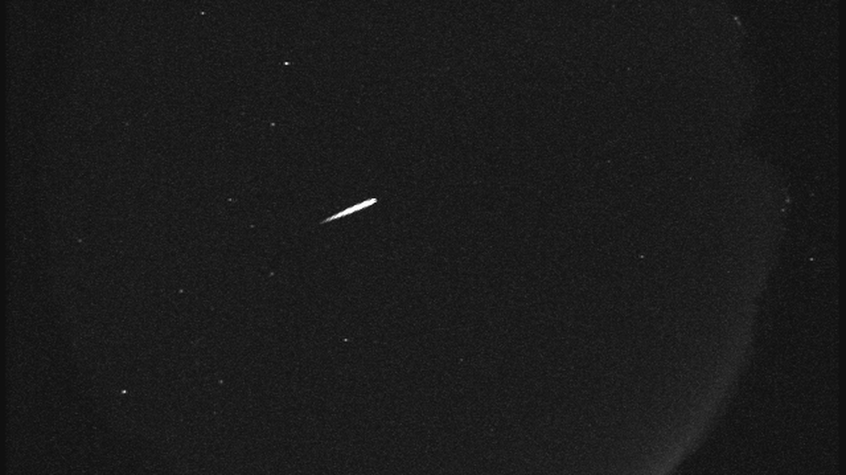 An Orionid meteor recorded by the NASA All Sky Fireball Network station on top of Mt. Lemmon, Ariz., in October 2015. This year’s Orionid display will peak this weekend, and viewing conditions should be relatively good.