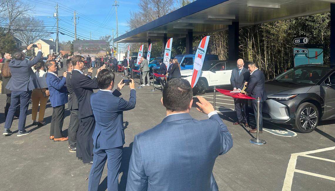 Representatives of eight car makers were on hand to cut ribbons on the IONNA "rechargery," an electric vehicle charging station in Apex, North Carolina, on Tuesday, Feb. 4, 2025.
