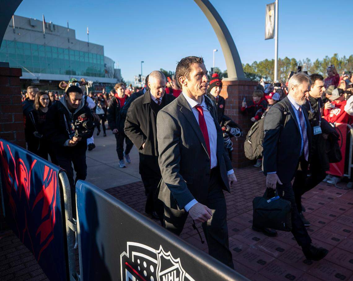 Carolina Hurricanes coach Rod Brind’Amour arrives for the Stadium Series game between the Washington Capitals and the Carolina Hurricanes on Saturday, February 18, 2022 at Carter-Finley Stadium in Raleigh, N.C.
