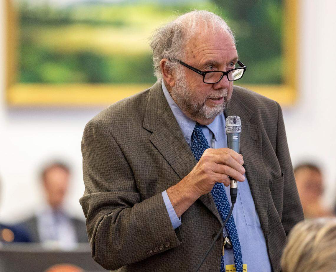 Rep. John Ager introduces an amendment to restore hemp legislation to the Farm Bill during debate at the North Carolina General Assembly on Tuesday, June 28, 2022 in Raleigh, N.C. Ager’s amendment did not pass.
