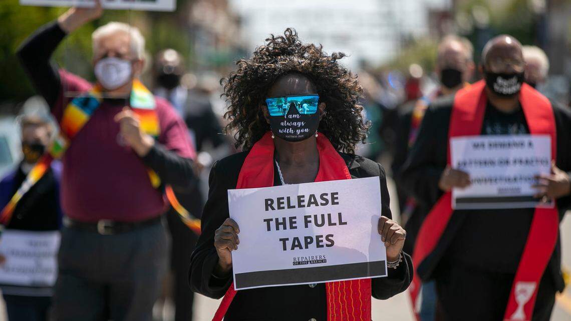 Religious leaders march down Main Street in Elizabeth City, N.C. on Saturday morning May 8. 2021, demanding transparency and accountability in the death of Andrew Brown Jr., who was fatally shot outside his home April 21, 2021, by Pasquotank County deputies serving search and arrest warrants.