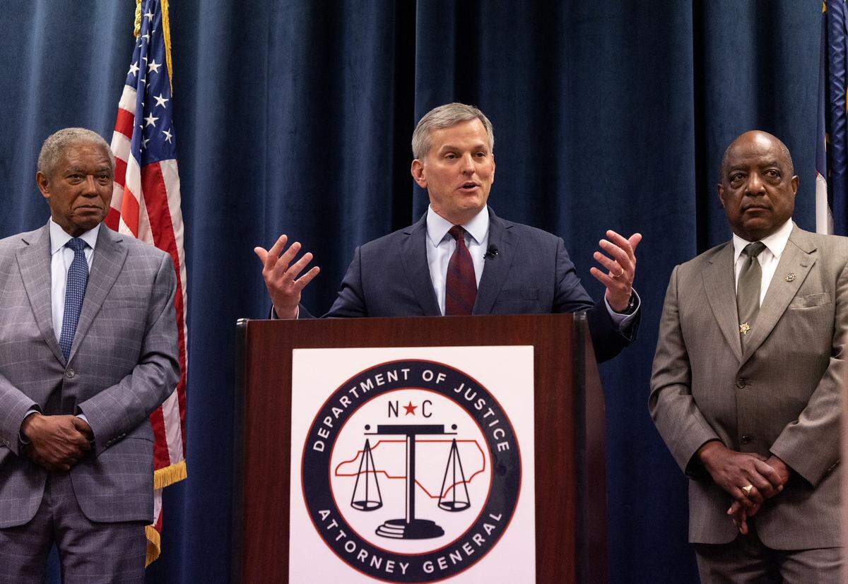 Attorney General Josh Stein speaks about public safety during a press conference on Monday, May 1, 2023, at the North Carolina Department of Justice in Raleigh, N.C.
