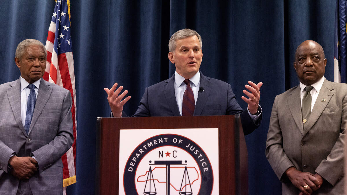 Attorney General Josh Stein speaks about public safety during a press conference on Monday, May 1, 2023, at the North Carolina Department of Justice in Raleigh, N.C.