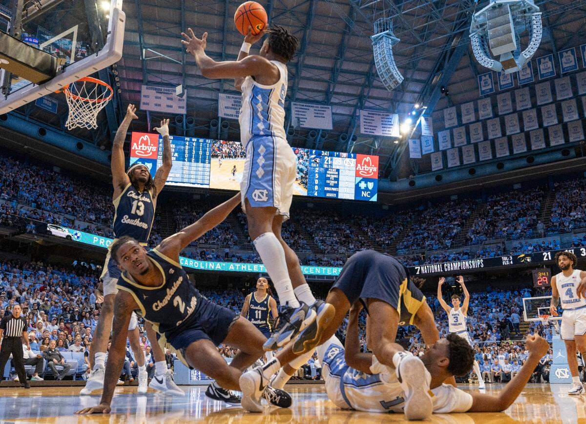 North Carolina’s Harrison Ingram (55) puts up a jump shot after recovering a loose ball in the first half against Charleston Southern on Friday, December 29, 2023 at the Smith Center in Chapel Hill, N.C.