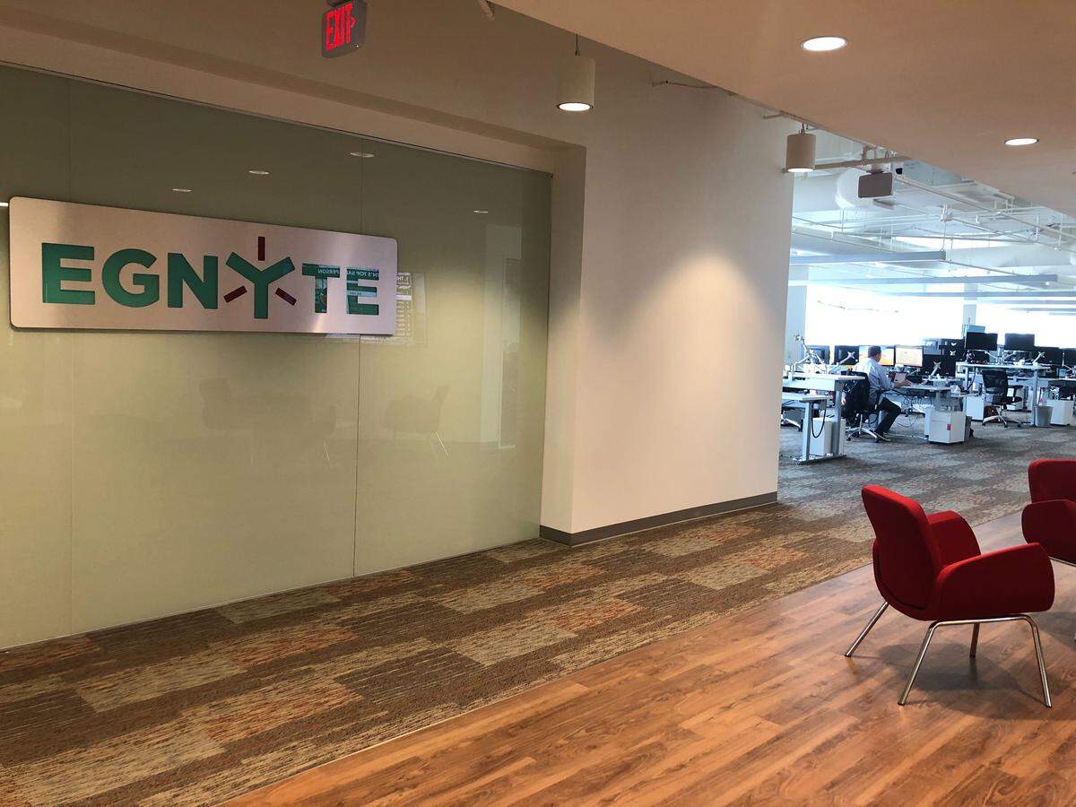 The entrance to Egnyte’s offices in downtown Raleigh, N.C. The company plans to reach a headcount of around 120 people inside PNC Plaza at 301 Fayetteville St.