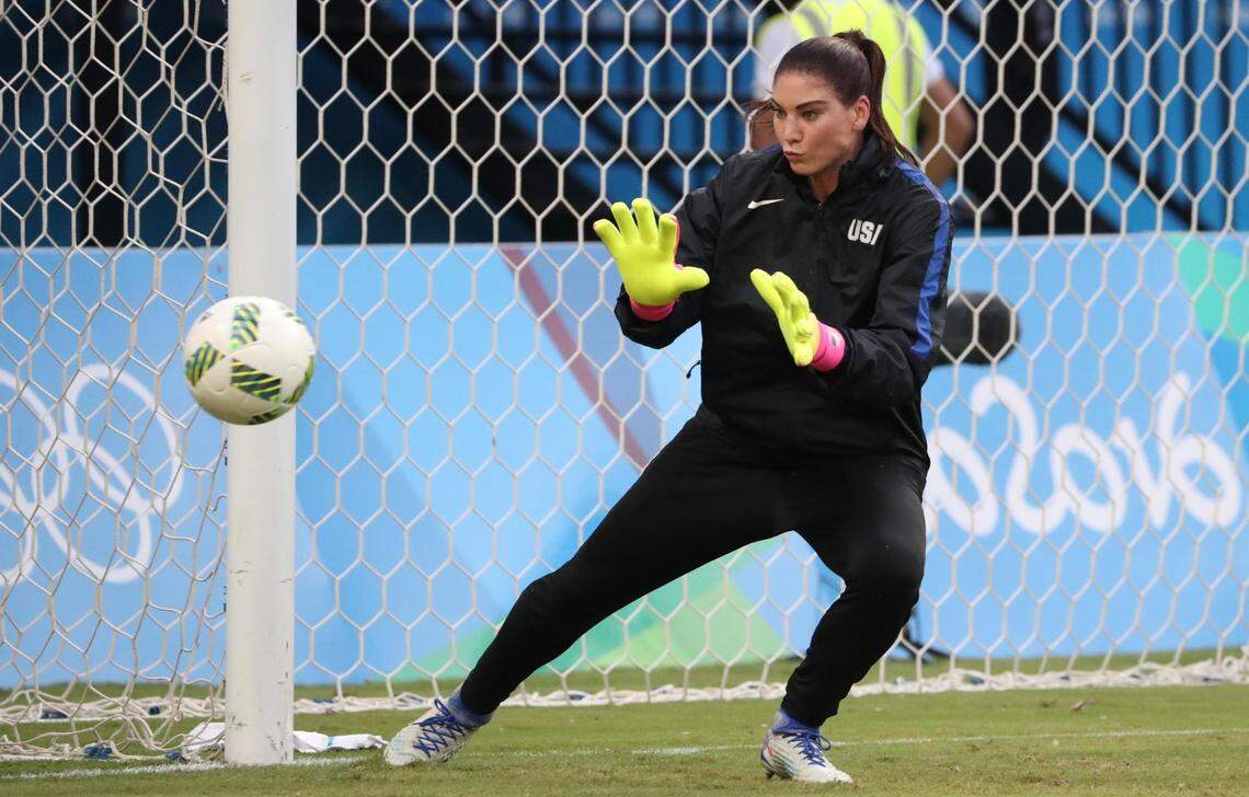 Aug 9, 2016; Manaus, Brazil; United States goalkeeper Hope Solo (1) warms up for the first round match against Colombia in the Rio 2016 Summer Olympic Games at Arena da Amazonia.