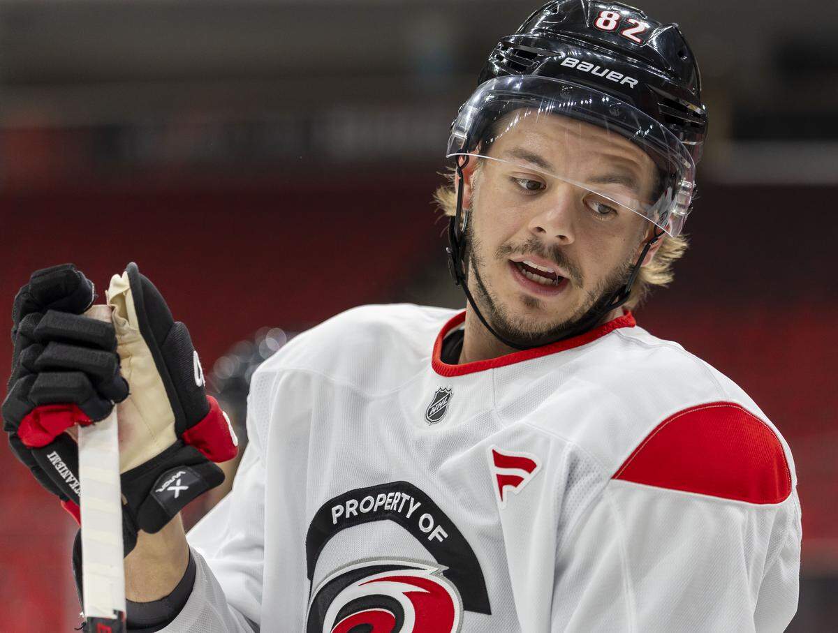 Carolina Hurricanes center Jesperi Kotkaniemi (82), during practice on Tuesday, May 12, 2026, at Lenovo Center in Raleigh, N.C.