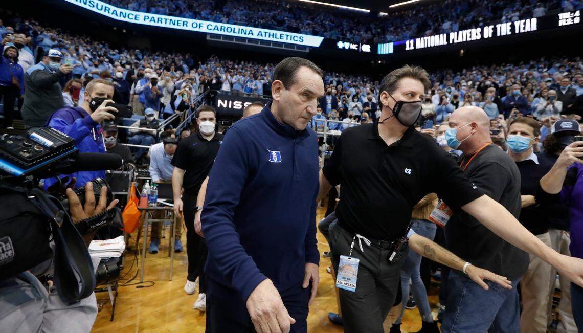 Duke head coach Mike Krzyzewski walks onto the court before UNCs game against Duke at the Smith Center in Chapel Hill, N.C., Saturday, Feb. 5, 2022.