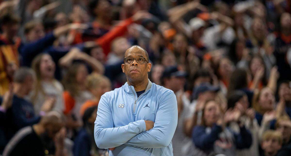 North Carolina coach crosses his arm as Virginia opens a lead over the Tar Heels during the second half on Tuesday, January 10, 2023 at John Paul Jones Arena in Charlottesville, Va.