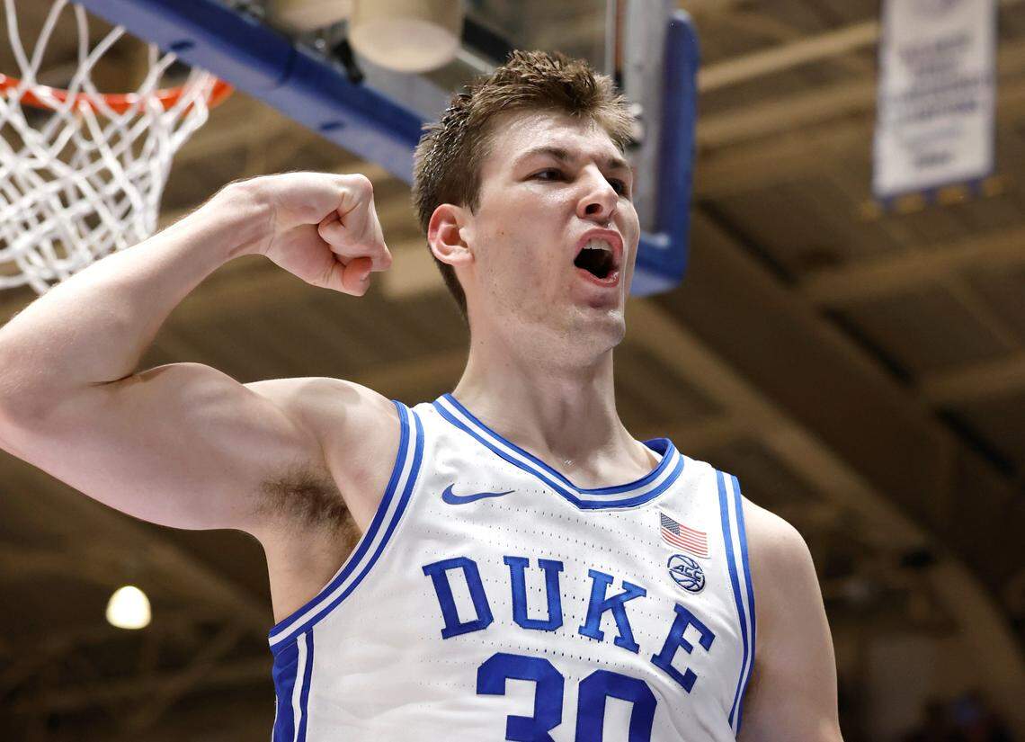 Duke’s Kyle Filipowski (30) celebrates after making the basket while being fouled during the first half of Duke’s game against Dartmouth at Cameron Indoor Stadium in Durham, N.C., Monday, Nov. 6, 2023.