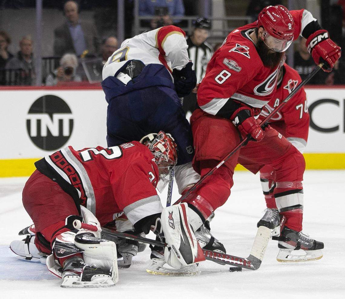 Carolina Hurricanes goalie Antii Raanta (32) cover the puck after a scoring attempt by the Florida Panthers Matthew Tkachuk (19) in the second period during Game 2 of the Eastern Conference Finals on Saturday, May 20, 2023 at PNC Arena in Raleigh, N.C.