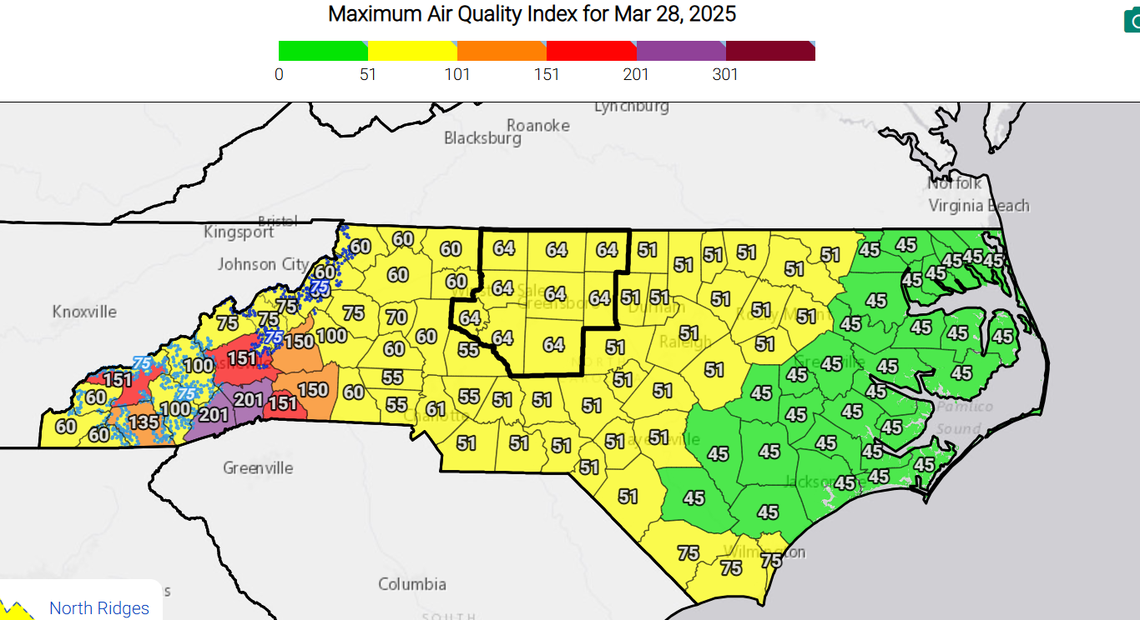 Air quality will be slightly compromised across central North Carolina starting Friday afternoon, March 28, 2025, as a southwesterly wind brings smoke from wildfires burning in western North Carolina, South Carolina and Georgia.